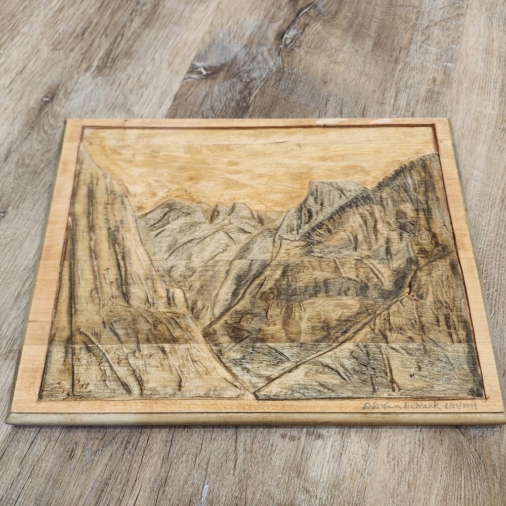 Hand Carved Wooden Plaque, Rustic Mountain Range Landscape, Folk Art Wall Decor